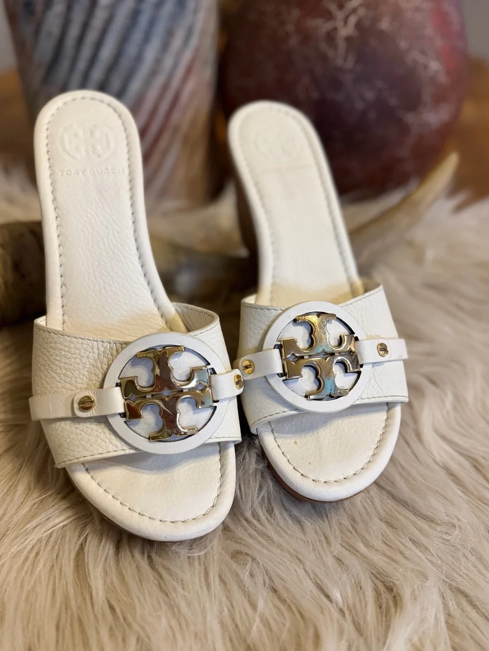 Tory Burch White Selma Leather Double T Logo Wedge Slide Sandals 7.5 M